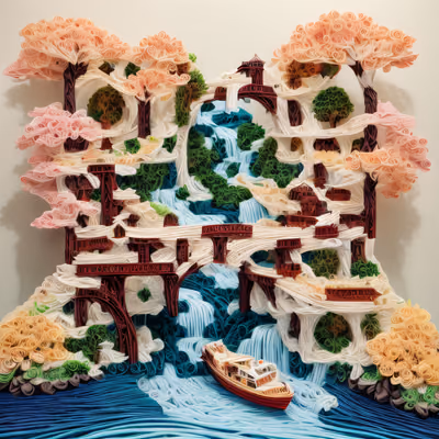 Quilled Paper Bridge and Waterfall QR Code Art — image 1