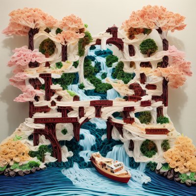 Quilled Paper Bridge and Waterfall QR Code Art