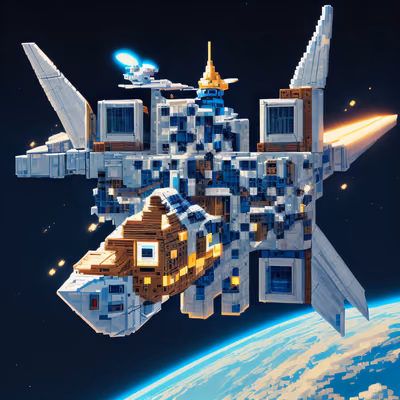 Pixel Art Spaceship Over Planet QR Code for Posters — image 1