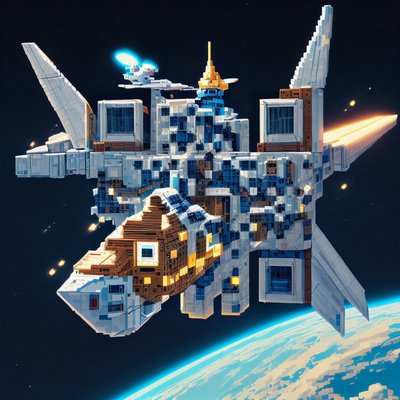 Pixel Art Spaceship Over Planet QR Code for Posters