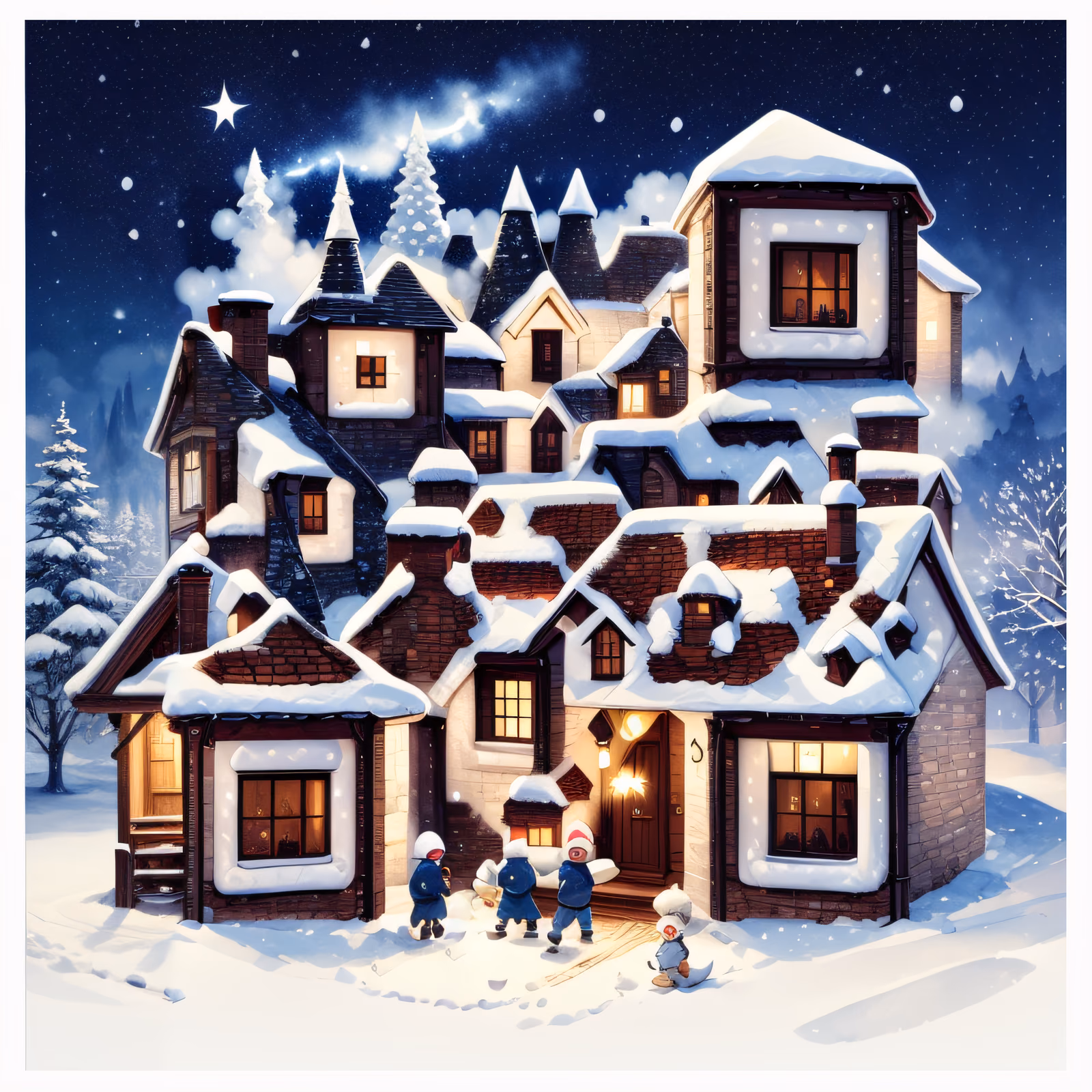 Snowy Village Watercolor Cartoon QR Code for Greeting Cards — image 1