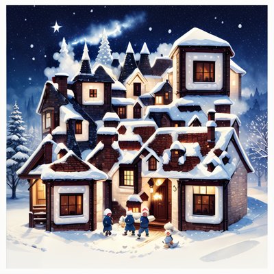 Snowy Village Watercolor Cartoon QR Code for Greeting Cards