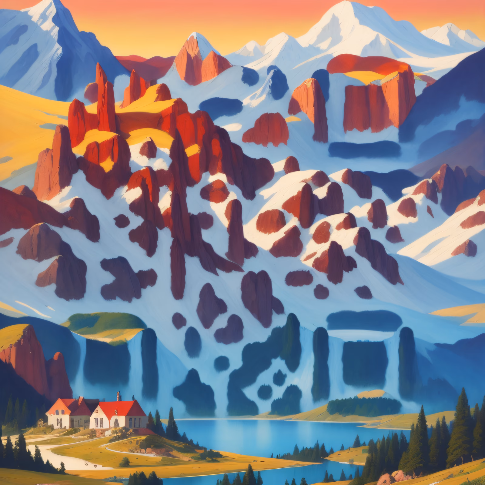 高山湖泊与群山水粉画二维码艺术 — 图片 1