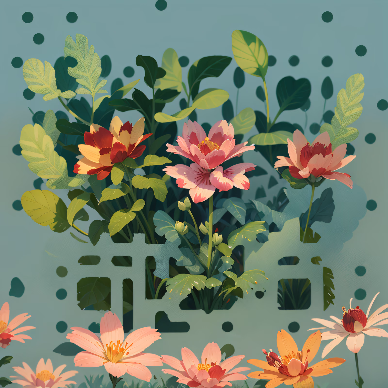 粉色花朵与叶丛插画二维码艺术 — 图片 1