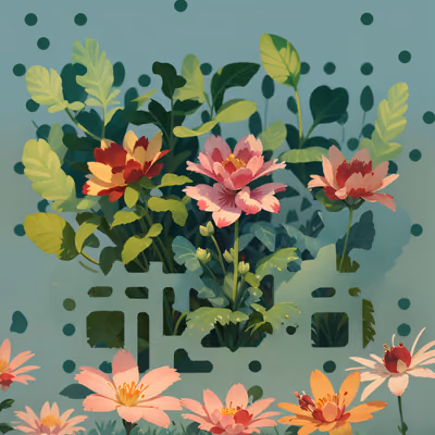 粉色花朵与叶丛插画二维码艺术 — 图片 1