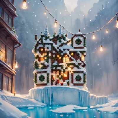 Snowy Christmas House Painting QR Code for Greeting Cards