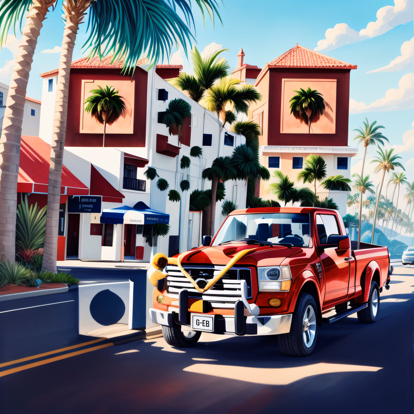 Red Pickup Coastal Town Gouache QR Code for Posters — image 1