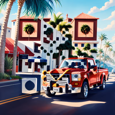Red Pickup Coastal Town Gouache QR Code for Posters — image 1