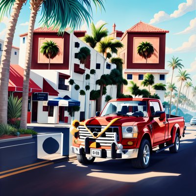 Red Pickup Coastal Town Gouache QR Code for Posters