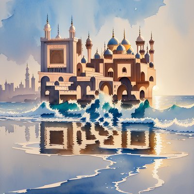 Coastal Mosque Watercolor QR Code Art