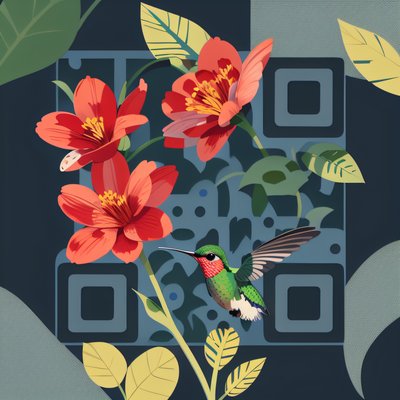 Hummingbird and Red Flowers Vector QR Code Art