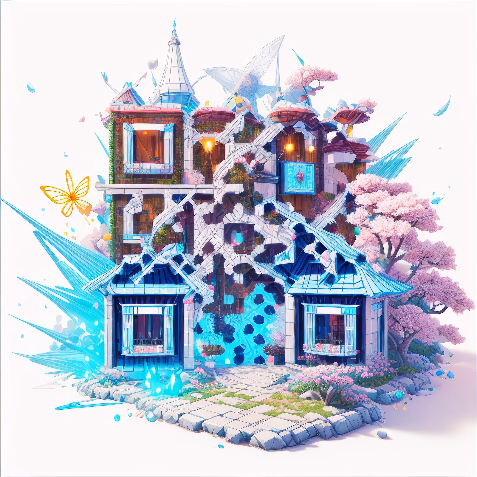 QR-код: фантастический дом в цветущей вишне, 3D-рендер для постеров — изображение 1