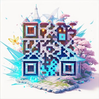 QR-код: фантастический дом в цветущей вишне, 3D-рендер для постеров