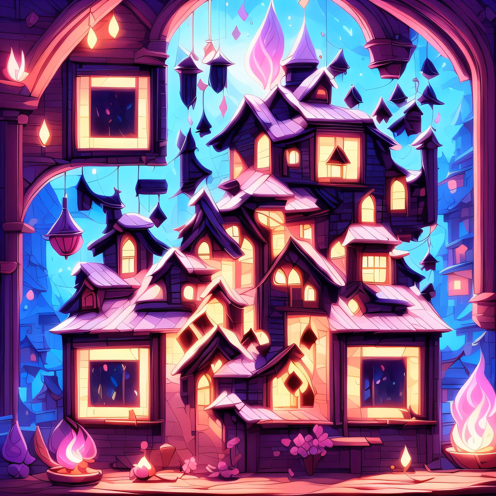 Мультяшный дом с фиолетовым огнём: QR-код — изображение 1
