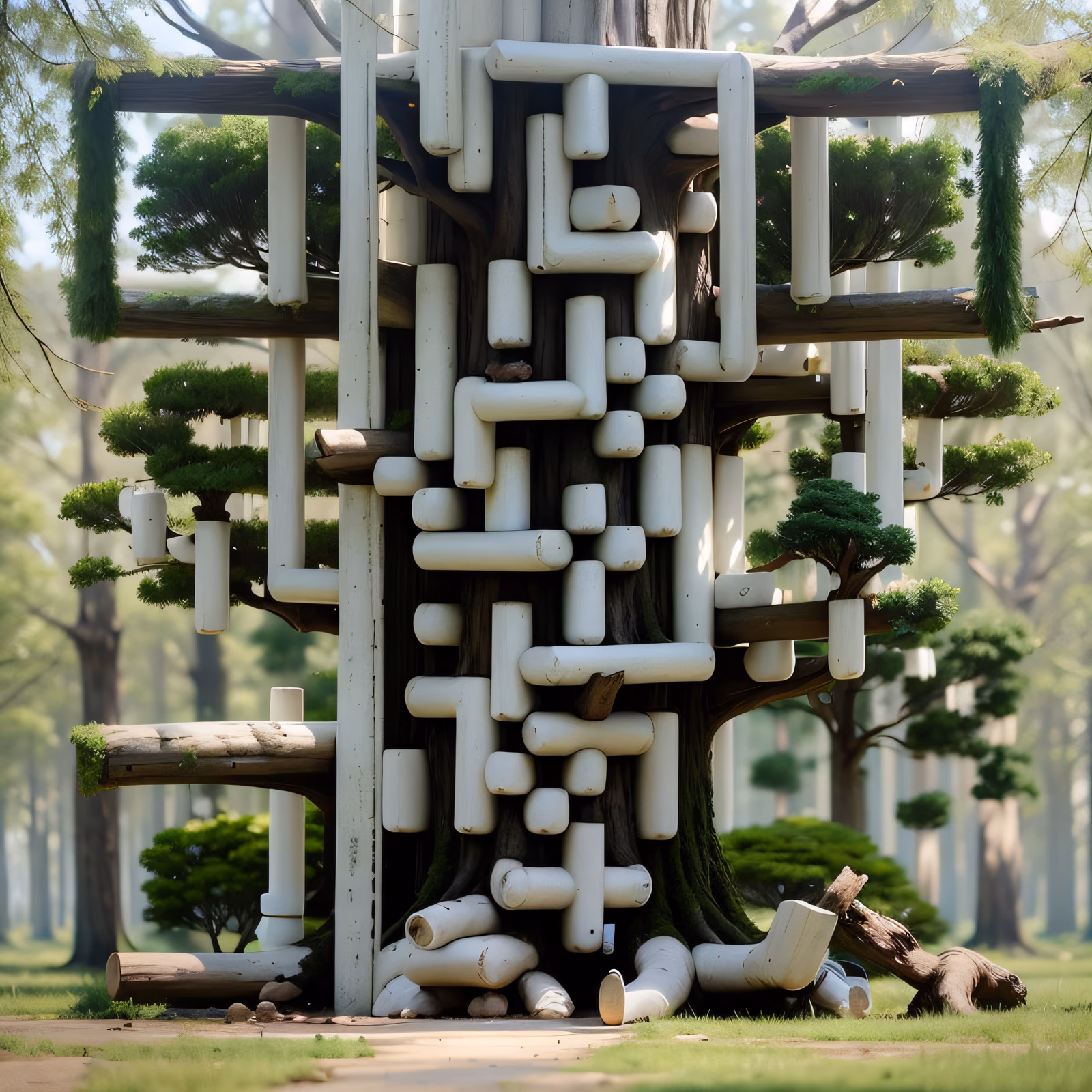 树干白色管道3D二维码艺术 — 图片 1