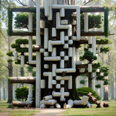 3D QR-код: ствол дерева с белыми трубами