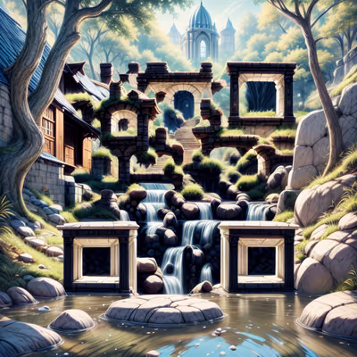 QR-код с фантазийными каменными руинами и водопадом — изображение 1