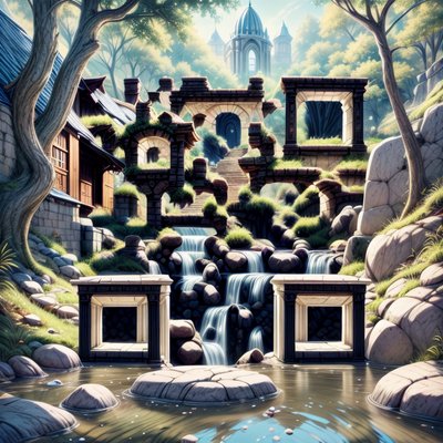 QR-код с фантазийными каменными руинами и водопадом