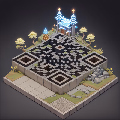 Изометрический каменный храм: диорама с QR-кодом для постеров — изображение 1