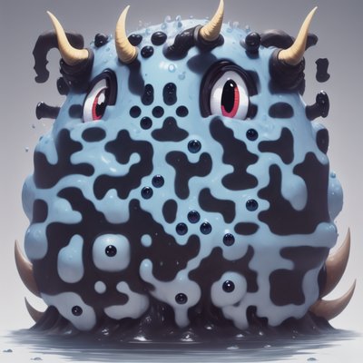 Blue Horned Blob Monster Cartoon QR Code for Stickers