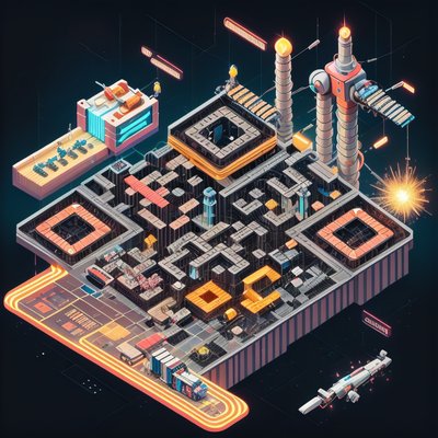 Isometric Robotic Factory Retrofuturism QR Code for Posters