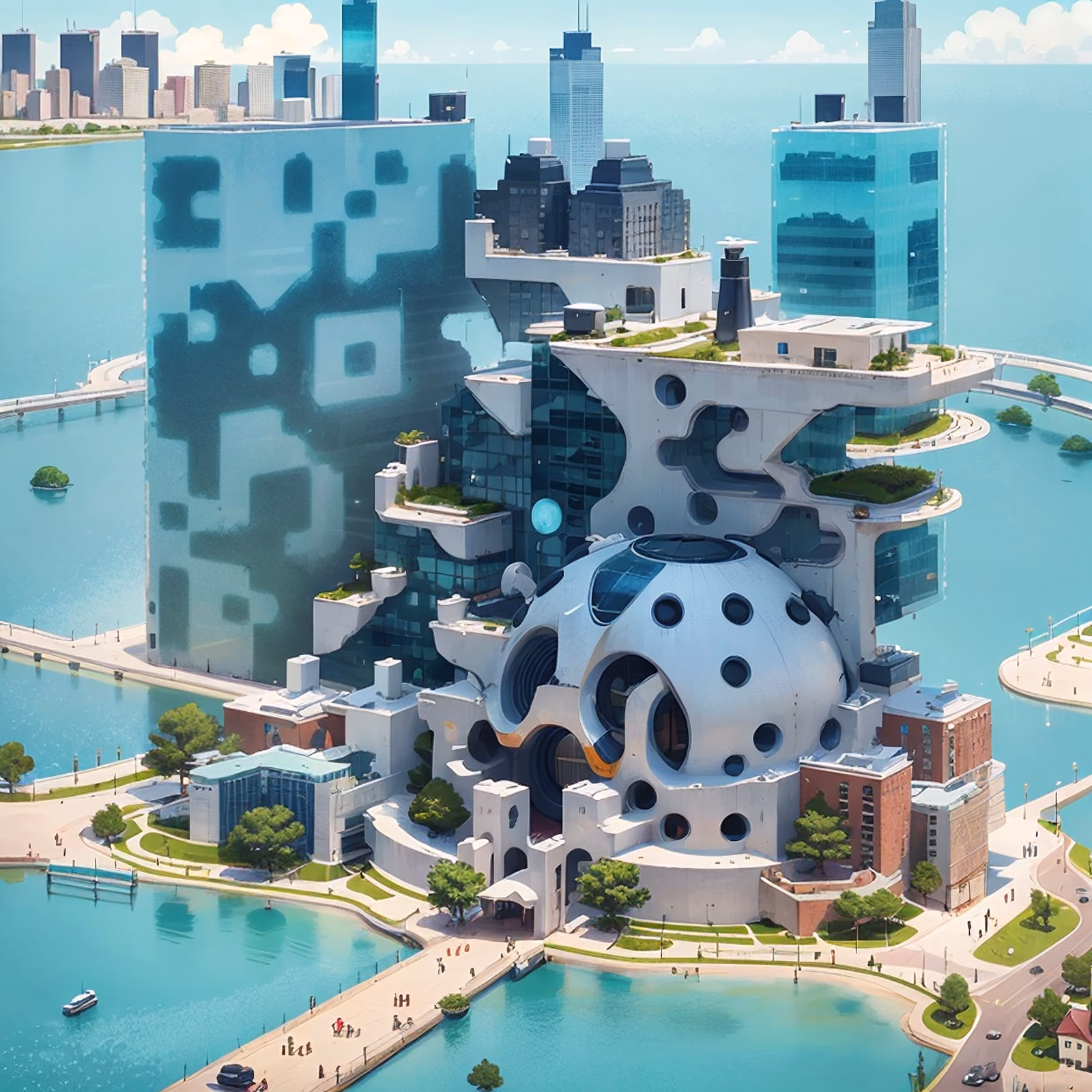 Futuristic Waterfront City Digital Painting QR Code Art — image 1
