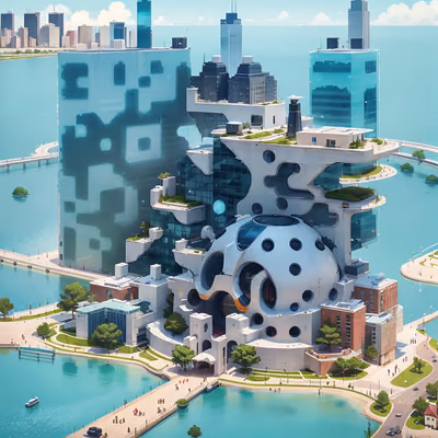 Futuristic Waterfront City Digital Painting QR Code Art — image 1