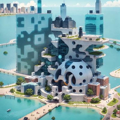 Futuristic Waterfront City Digital Painting QR Code Art