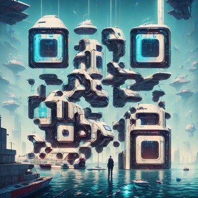 Futuristic Waterfront City Sci-Fi QR Code for Posters