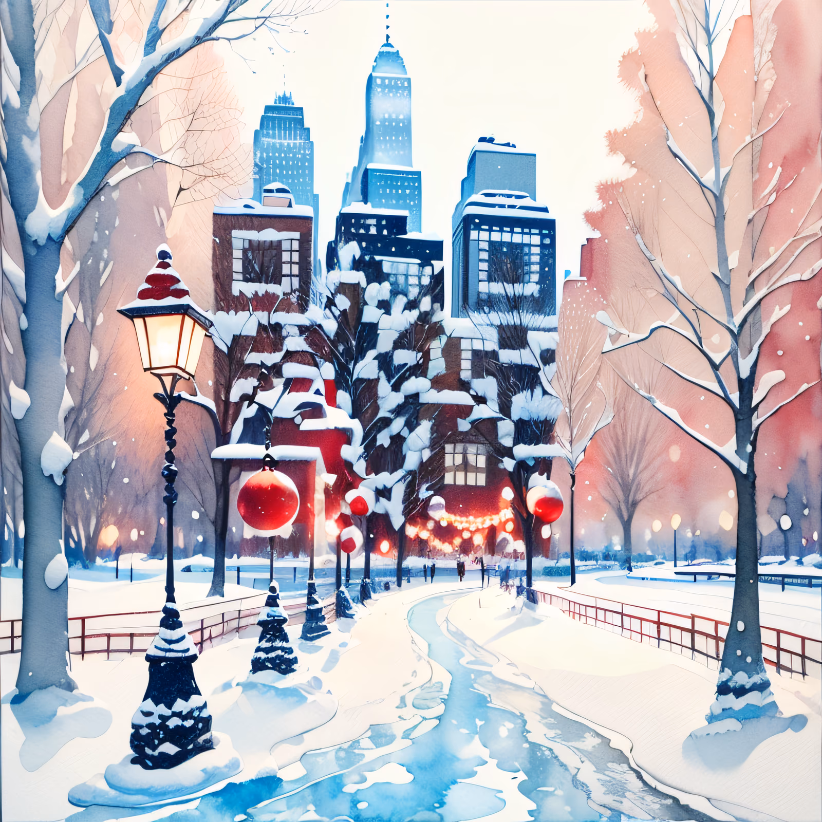Snowy City Park Watercolor Christmas QR Code for Greeting Cards — image 1