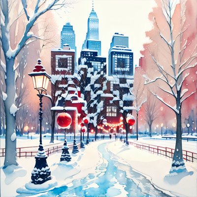 Snowy City Park Watercolor Christmas QR Code for Greeting Cards
