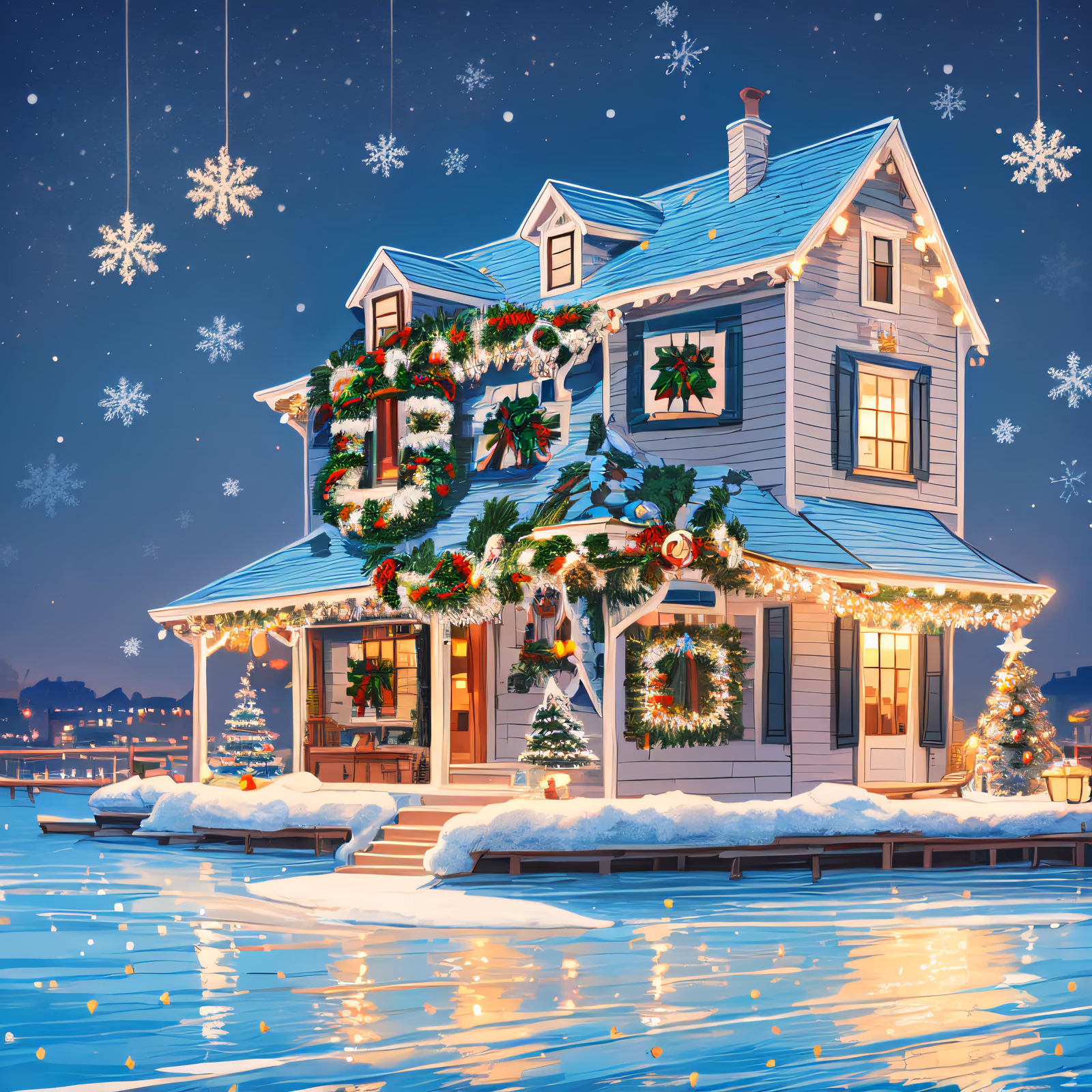 Christmas Waterfront House Illustration QR Code for Greeting Cards — image 1