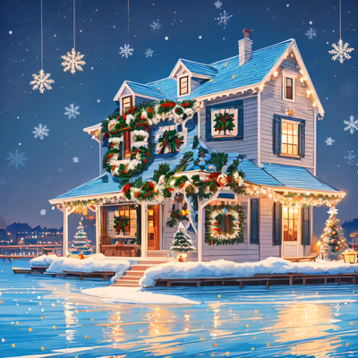 Christmas Waterfront House Illustration QR Code for Greeting Cards — image 1