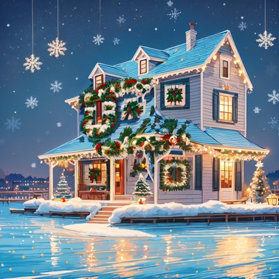 Christmas Waterfront House Illustration QR Code for Greeting Cards