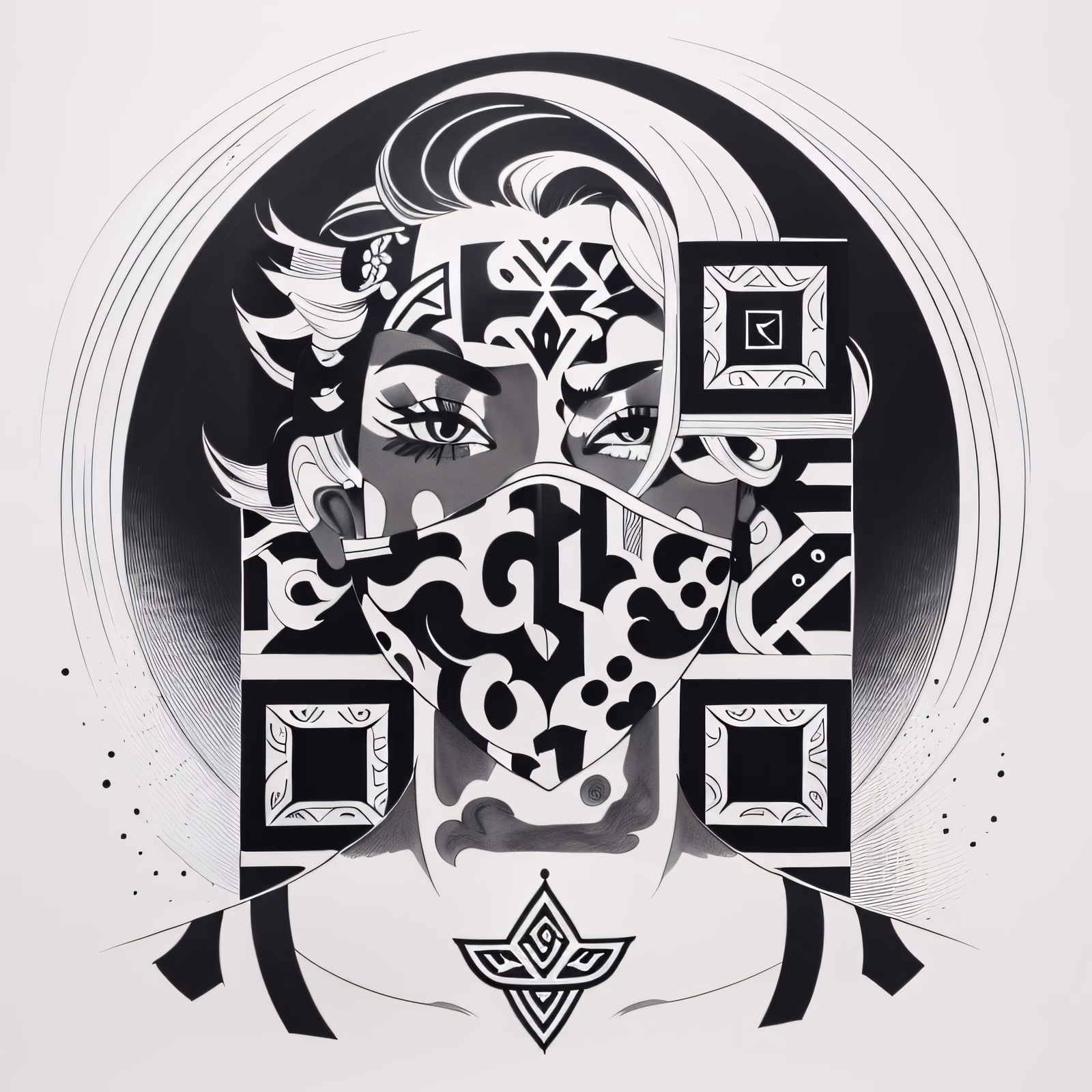 Masked Portrait Tribal Ink QR Code for Apparel — image 1