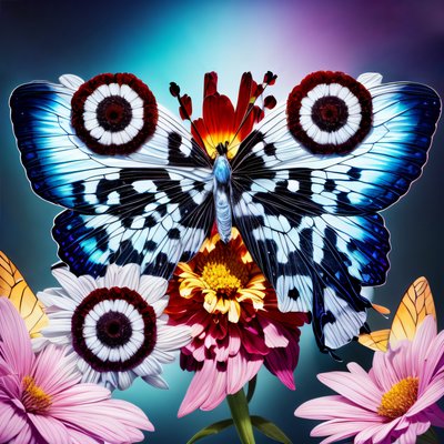 蓝色蝴蝶与花朵数字绘画二维码艺术