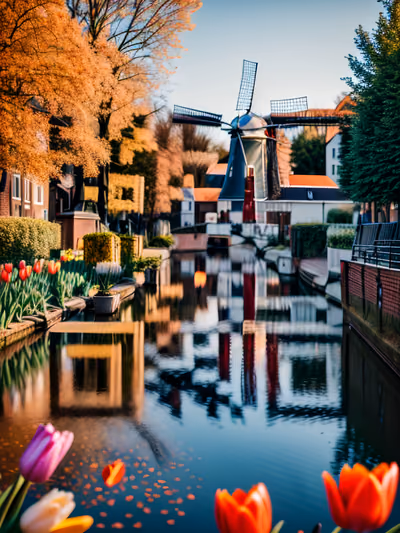 Dutch Windmill Canal Tulips Photography QR Code Art — image 1