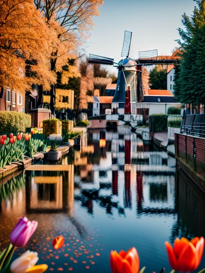 Dutch Windmill Canal Tulips Photography QR Code Art