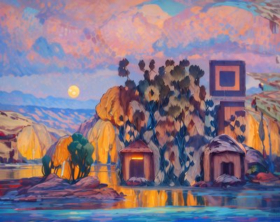 Moonrise Lake Landscape Expressionist QR Code Art