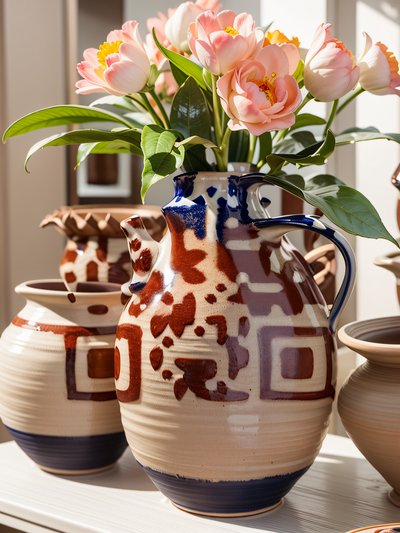 Glazed Ceramic Jug with Peonies QR Code Art