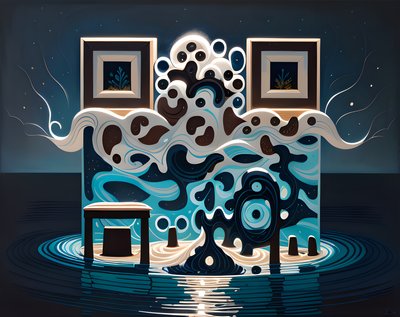 Сюрреалистичная сцена с кружащейся водой: QR-код