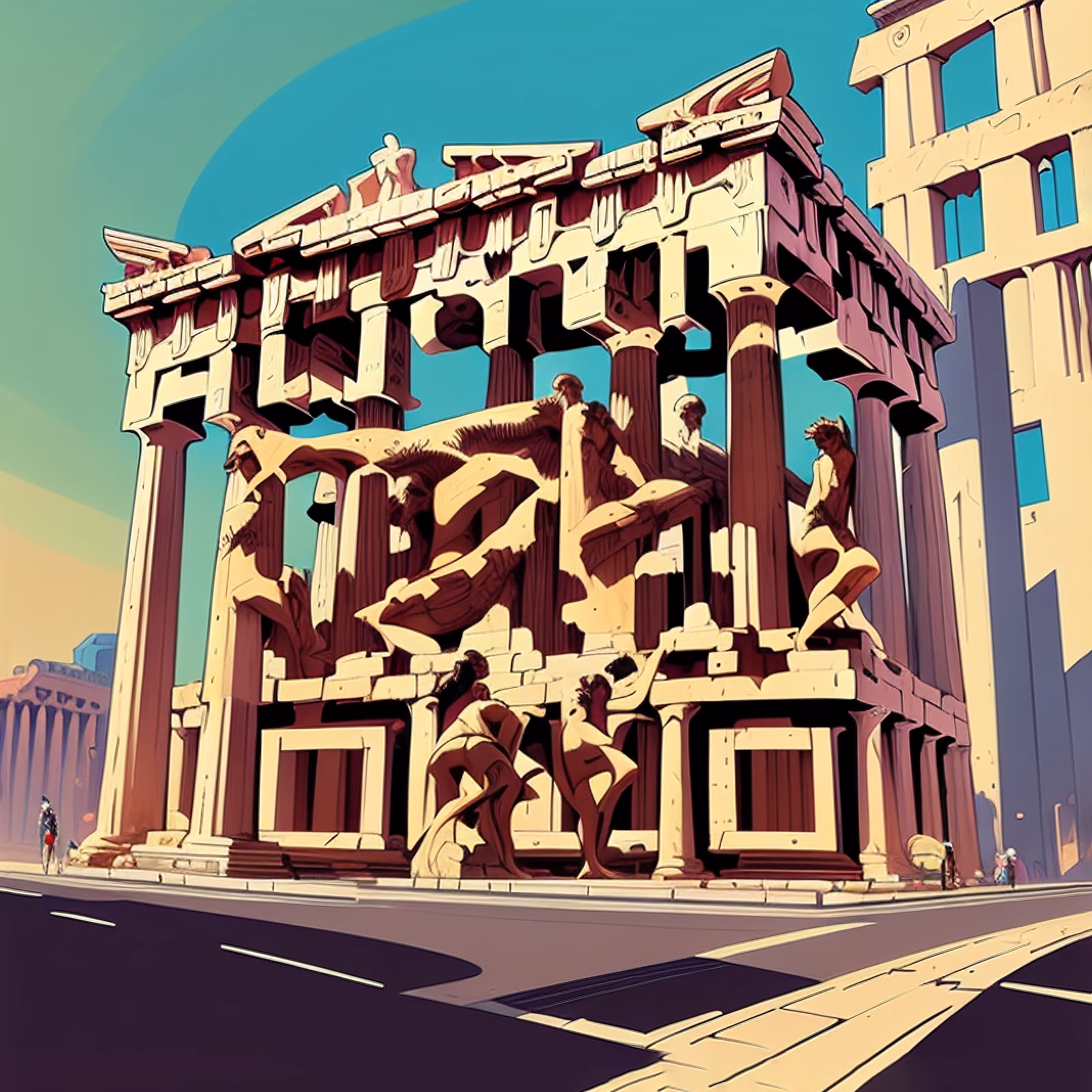 Parthenon Street Scene Comic Style QR Code for Posters — image 1
