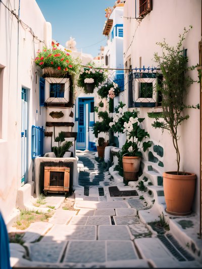 Greek Whitewashed Alley Photo QR Code for Posters
