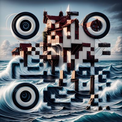 Сюрреалистичный дом на сваях среди морских волн: QR-код арт