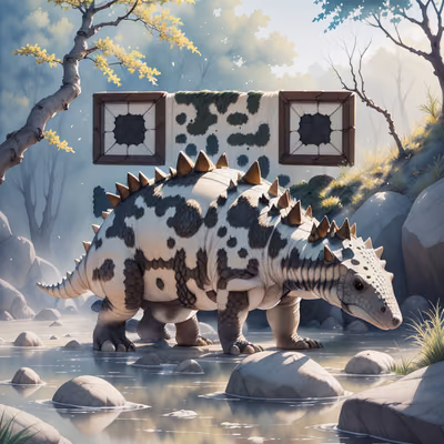 Анкилозавр в туманном ручье: живопись, QR-код арт — изображение 1