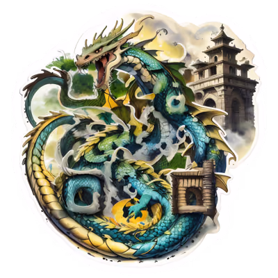 Coiled Dragon Over Ancient Ruins QR Code for Stickers — image 1