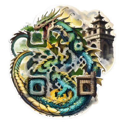 Coiled Dragon Over Ancient Ruins QR Code for Stickers