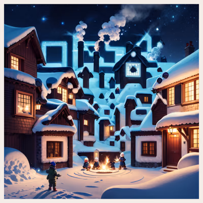 Заснеженная деревня ночью: 3D QR-код для открыток — изображение 1