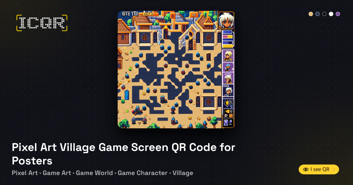 Pixel Art Village Game Screen QR Code for Posters • ICQR