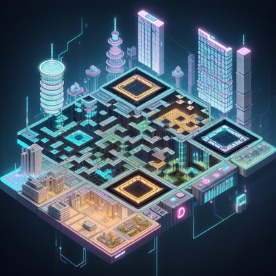Isometric Neon Biopunk City QR Code for Posters